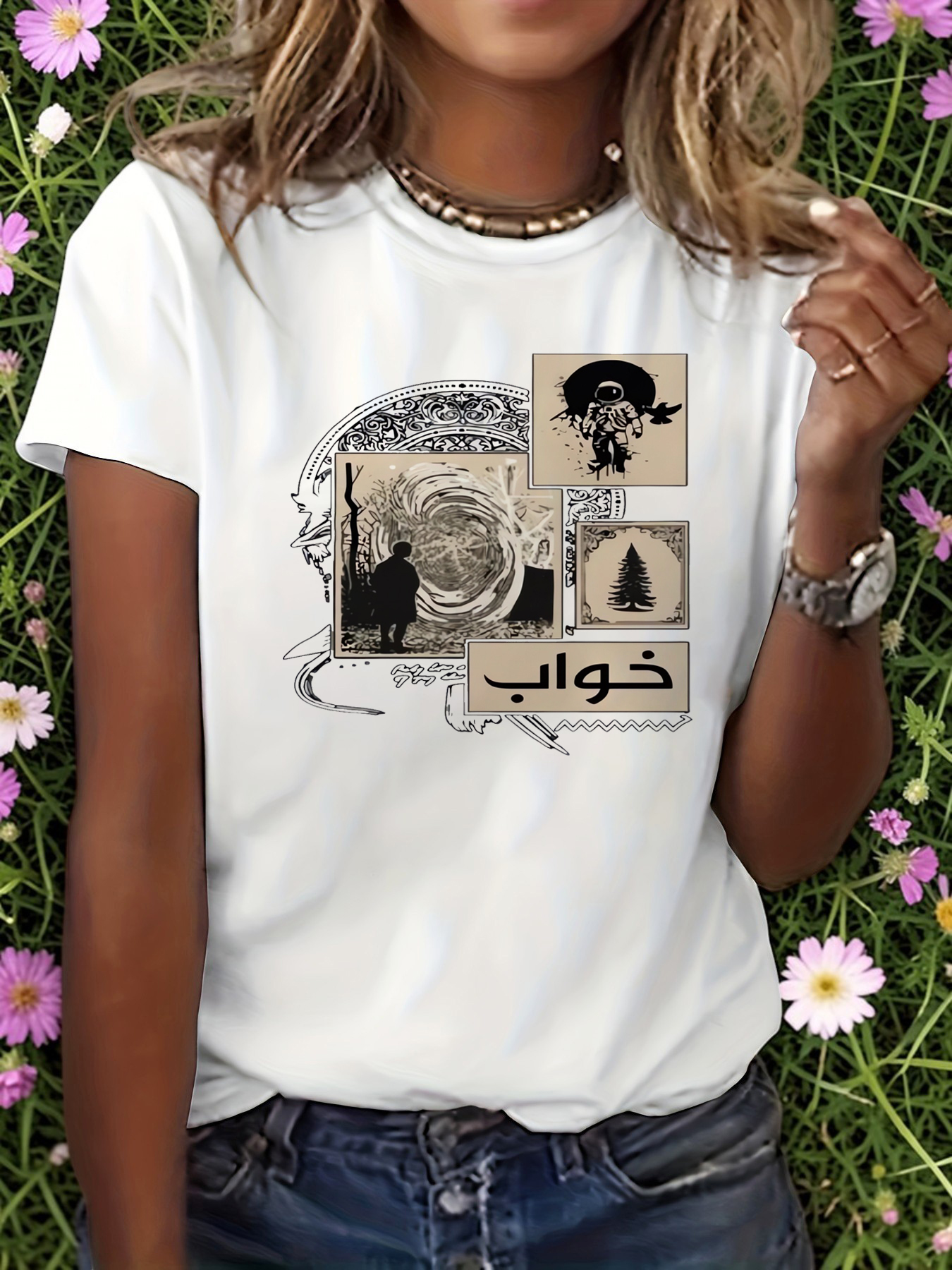White Graphic Print Round Neck T-Shirt