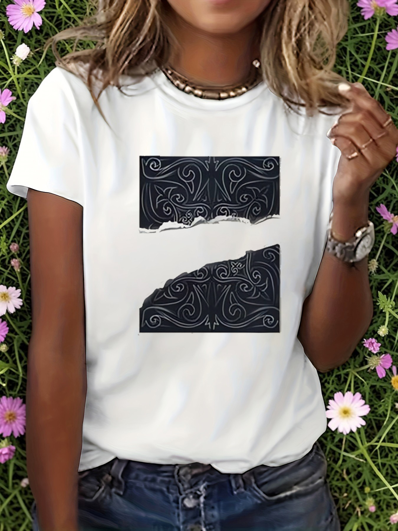 White Graphic Print Round Neck T-Shirt