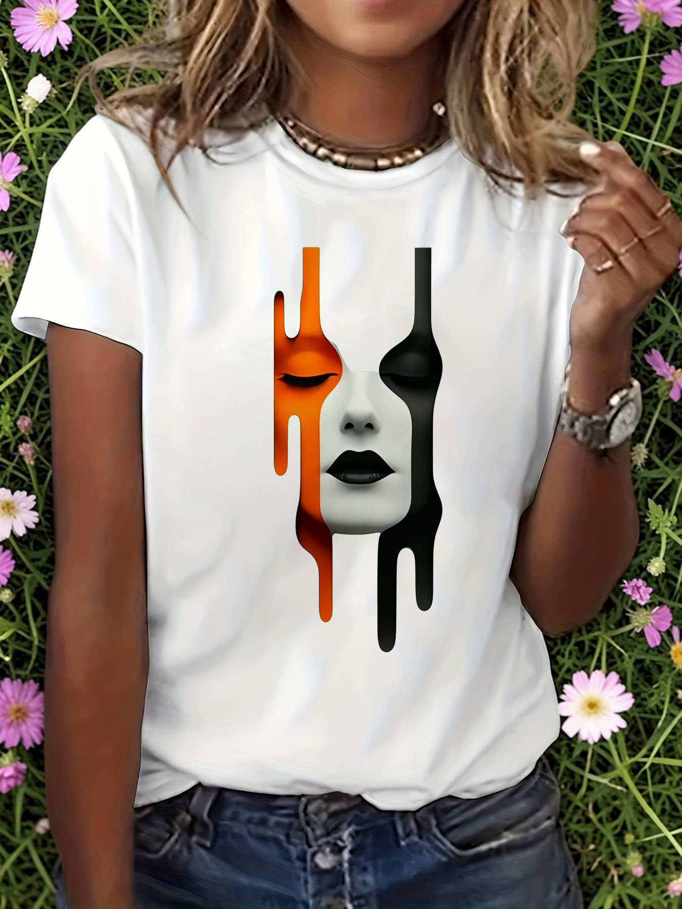 White Graphic Print Round Neck T-Shirt