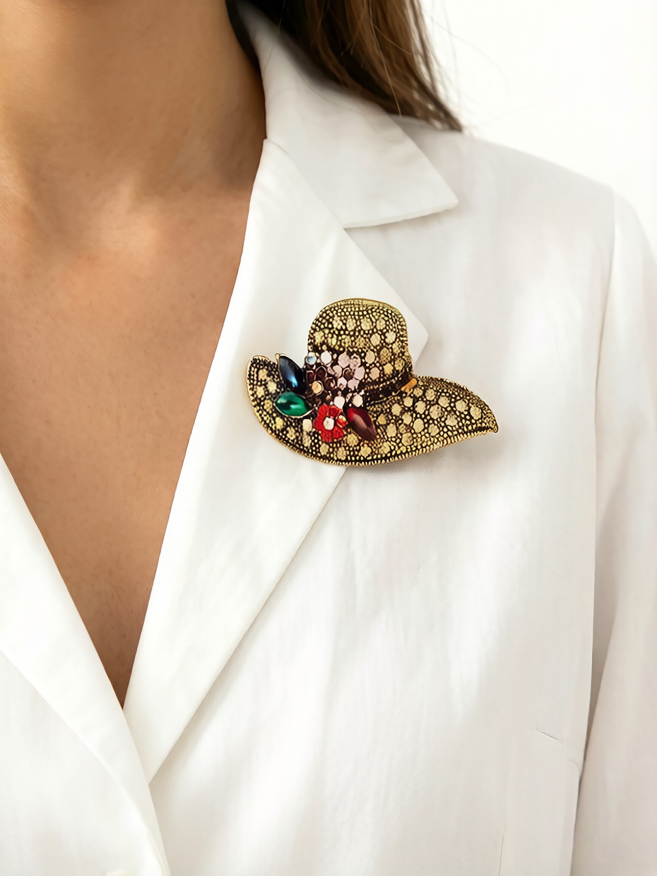 Glamorous Gold Sun Hat Brooch with Colorful Rhinestones