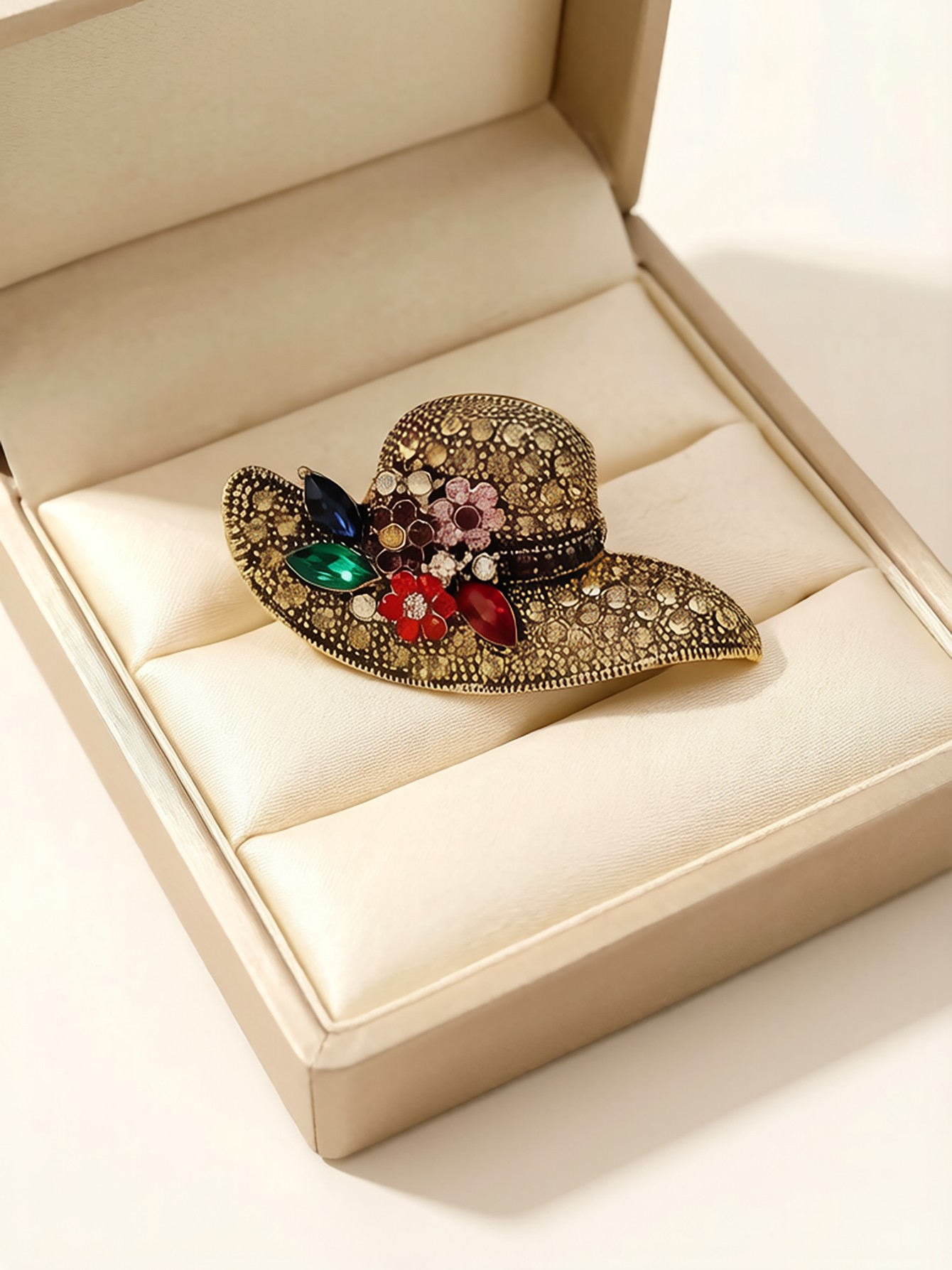Glamorous Gold Sun Hat Brooch with Colorful Rhinestones