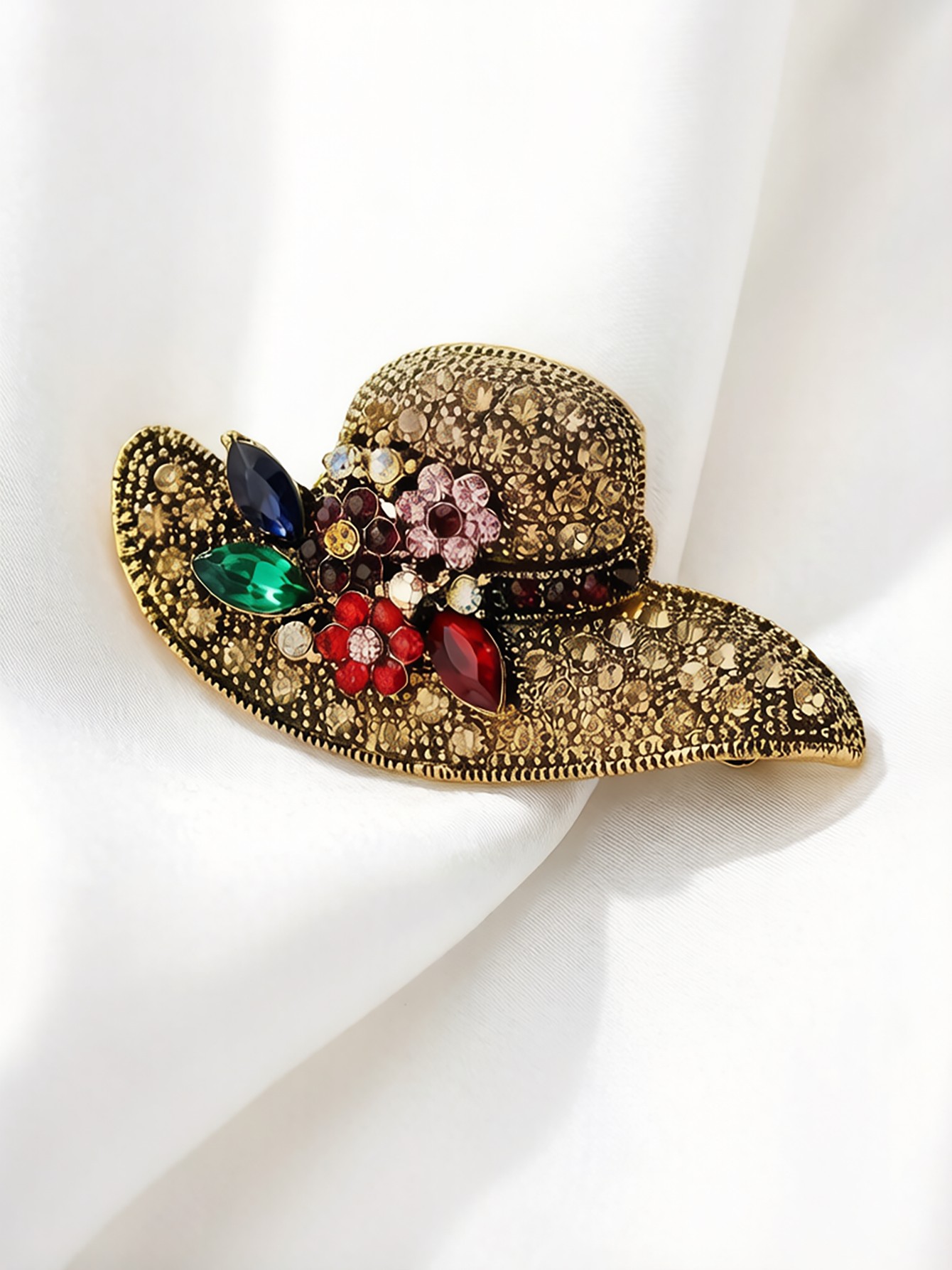 Glamorous Gold Sun Hat Brooch with Colorful Rhinestones