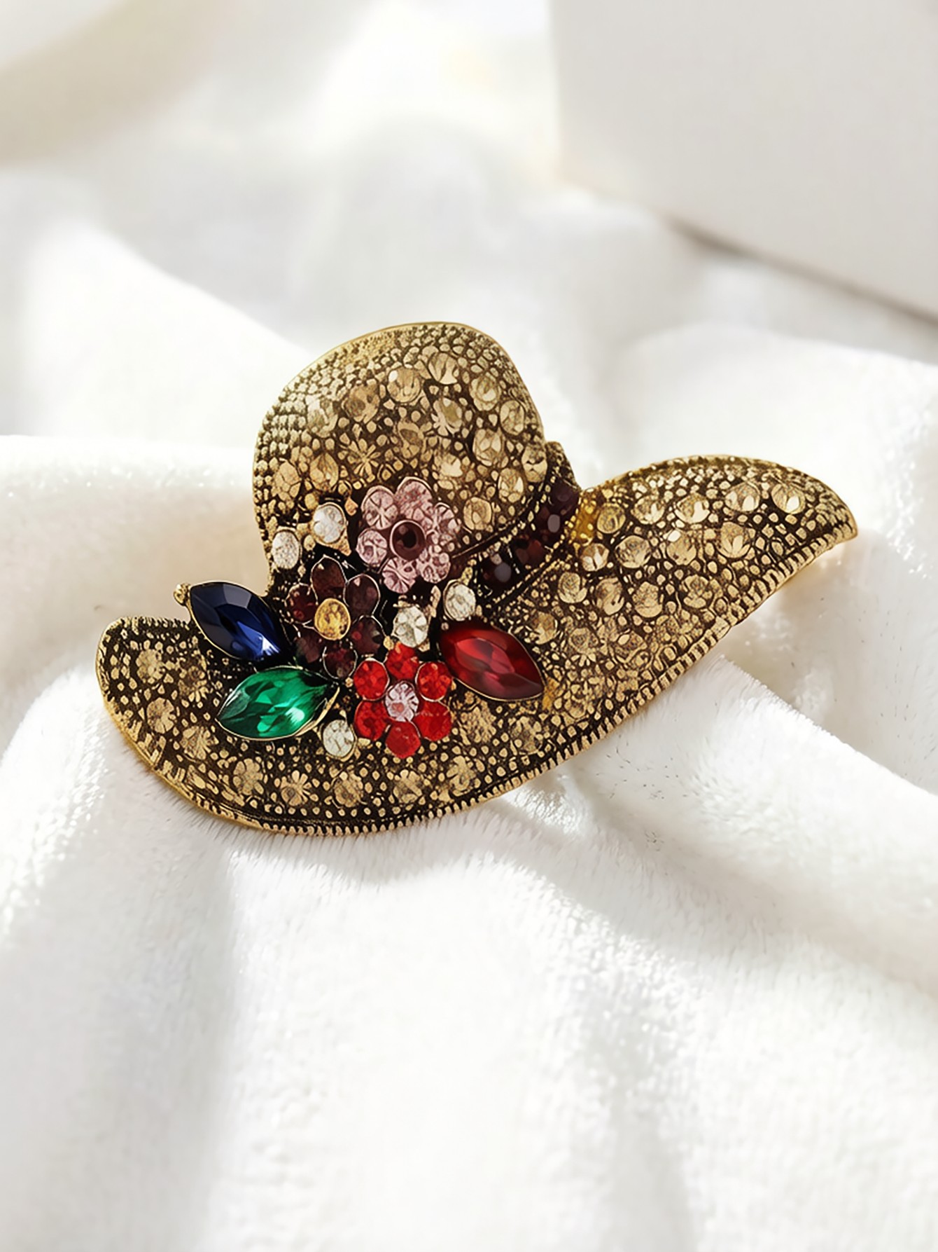 Glamorous Gold Sun Hat Brooch with Colorful Rhinestones