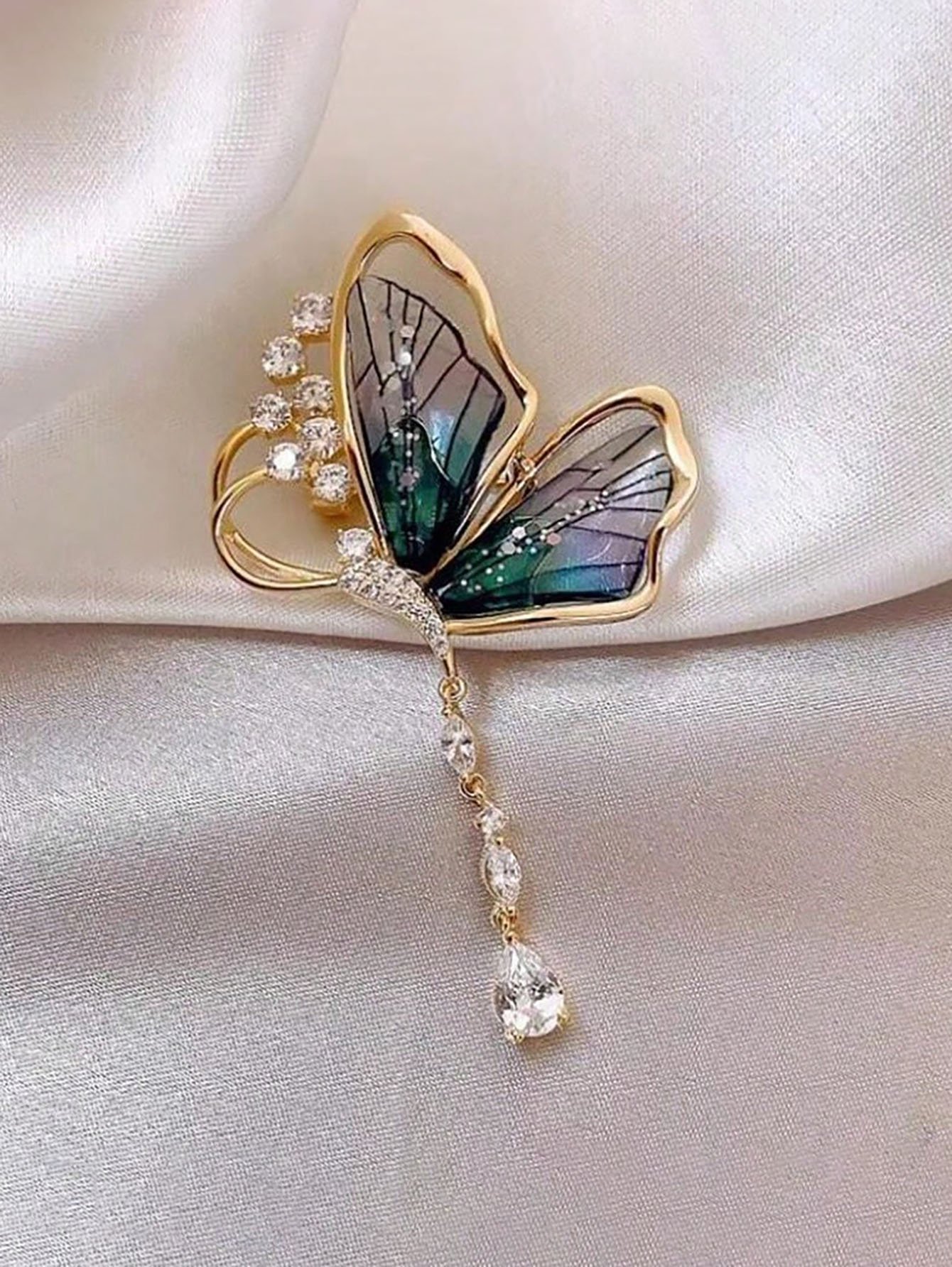 Golden Butterfly Dangle Brooch with Crystal Teardrop