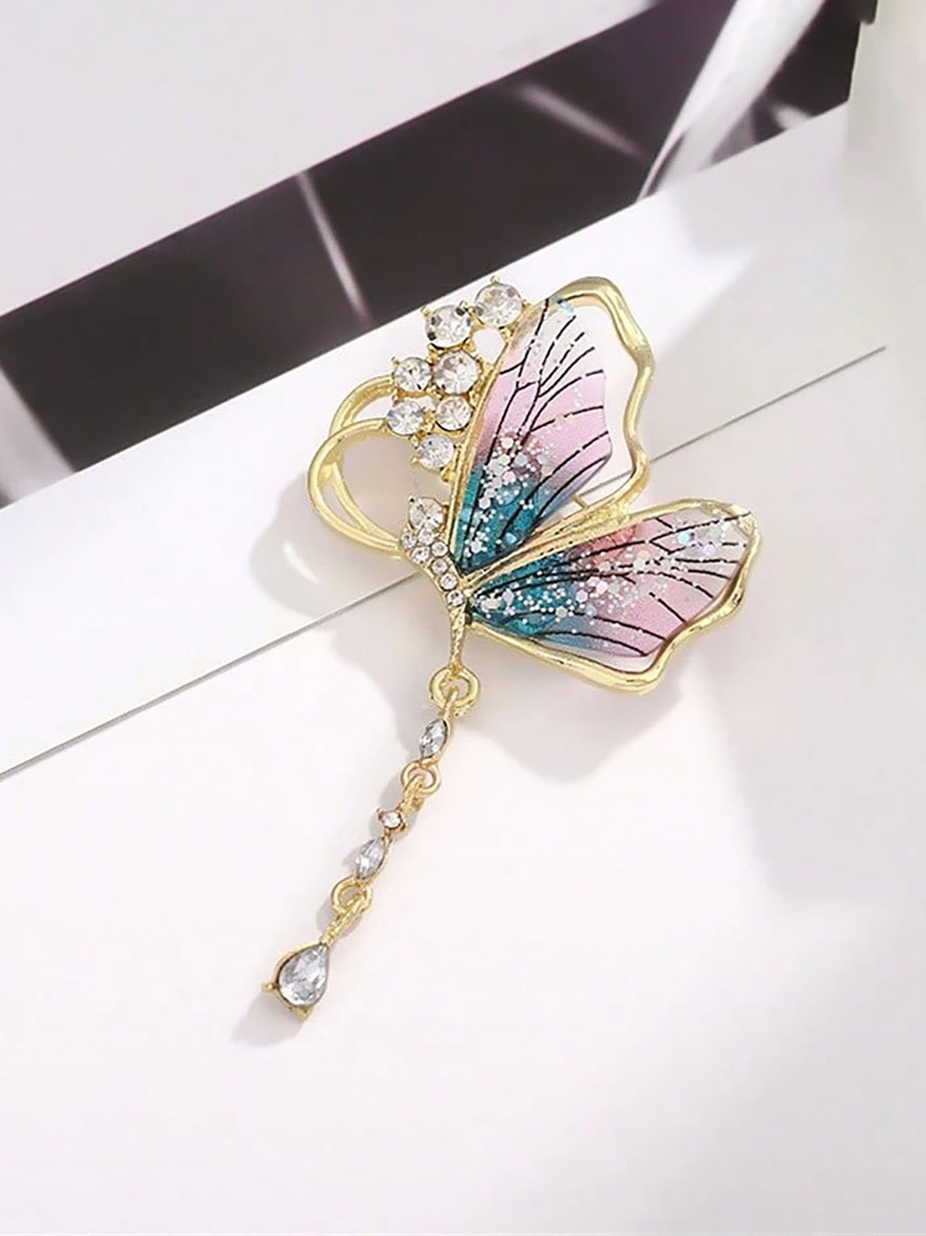 Golden Butterfly Dangle Brooch with Crystal Teardrop