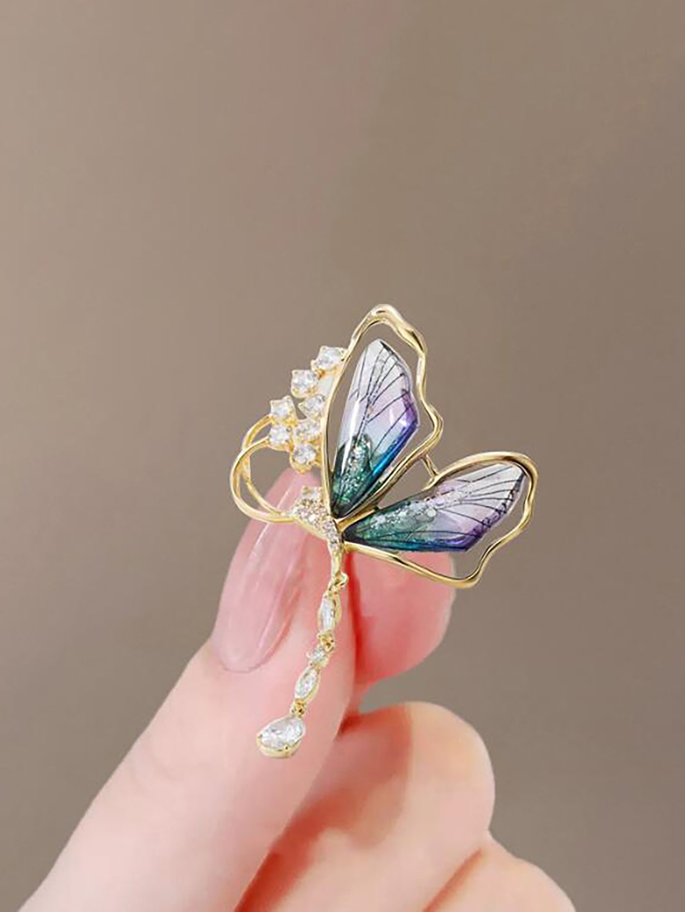 Golden Butterfly Dangle Brooch with Crystal Teardrop