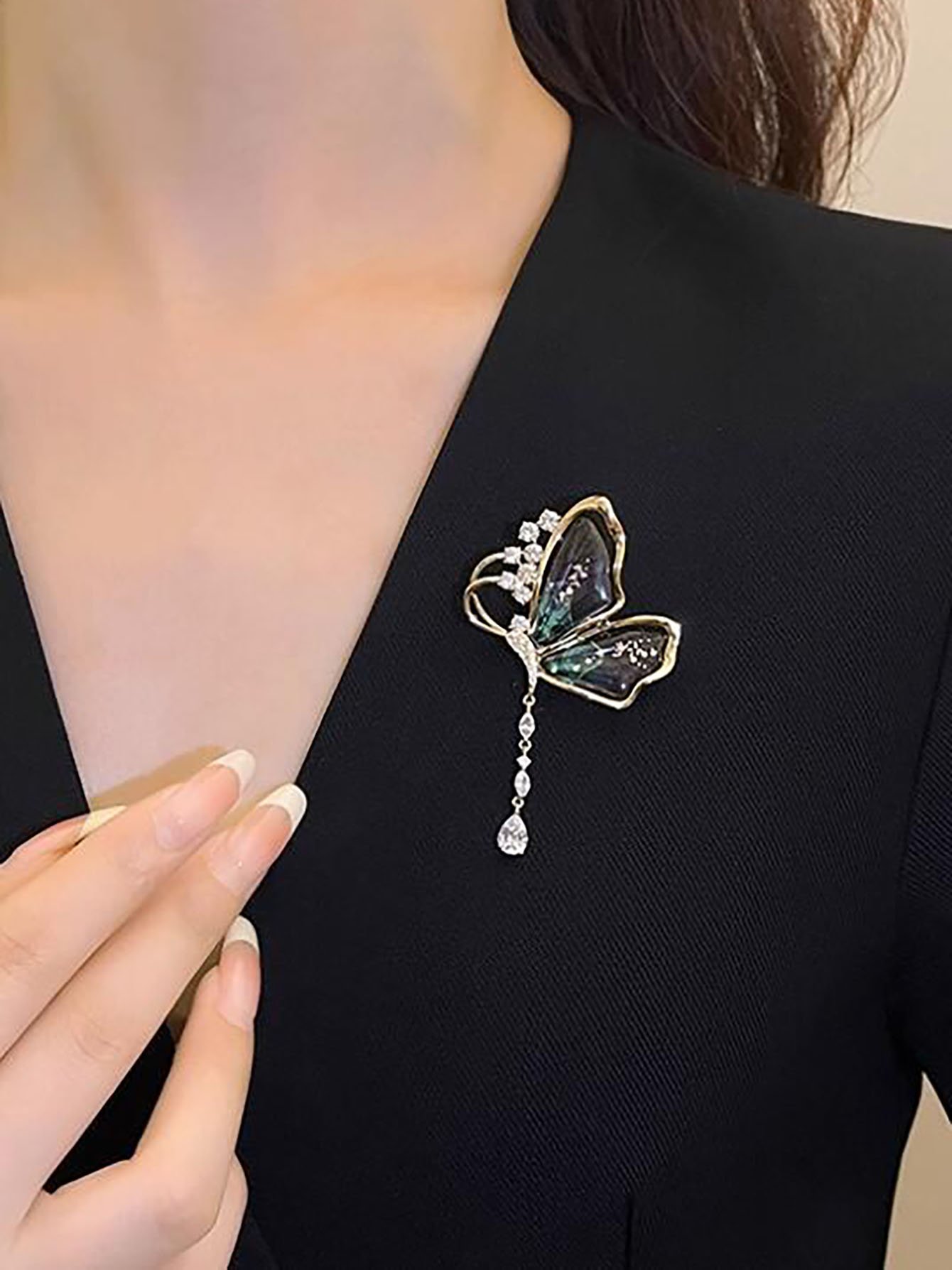 Golden Butterfly Dangle Brooch with Crystal Teardrop