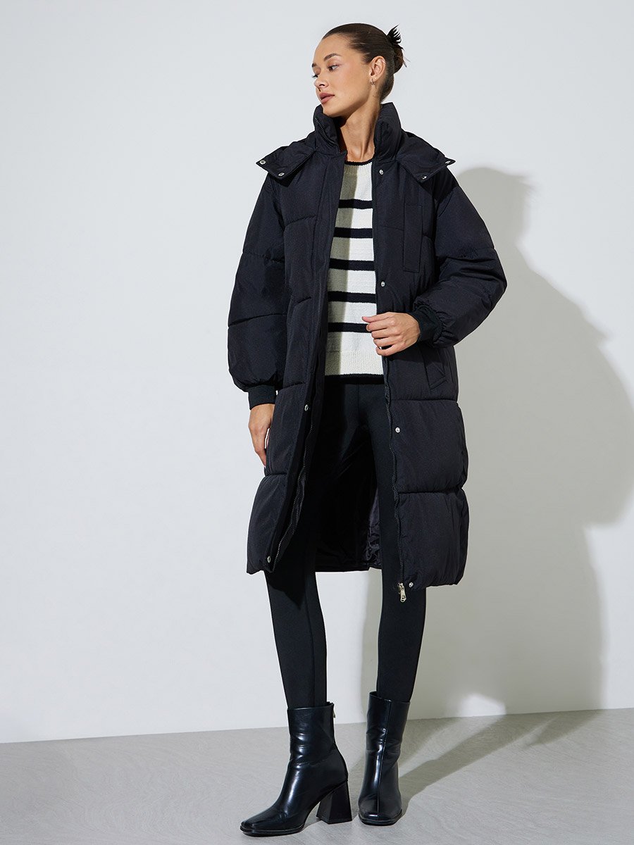 Black Knee-Length Padded Coat with Zip Closure