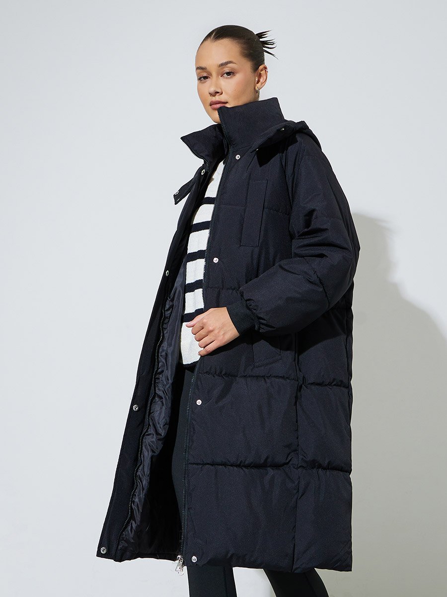 Black Knee-Length Padded Coat with Zip Closure