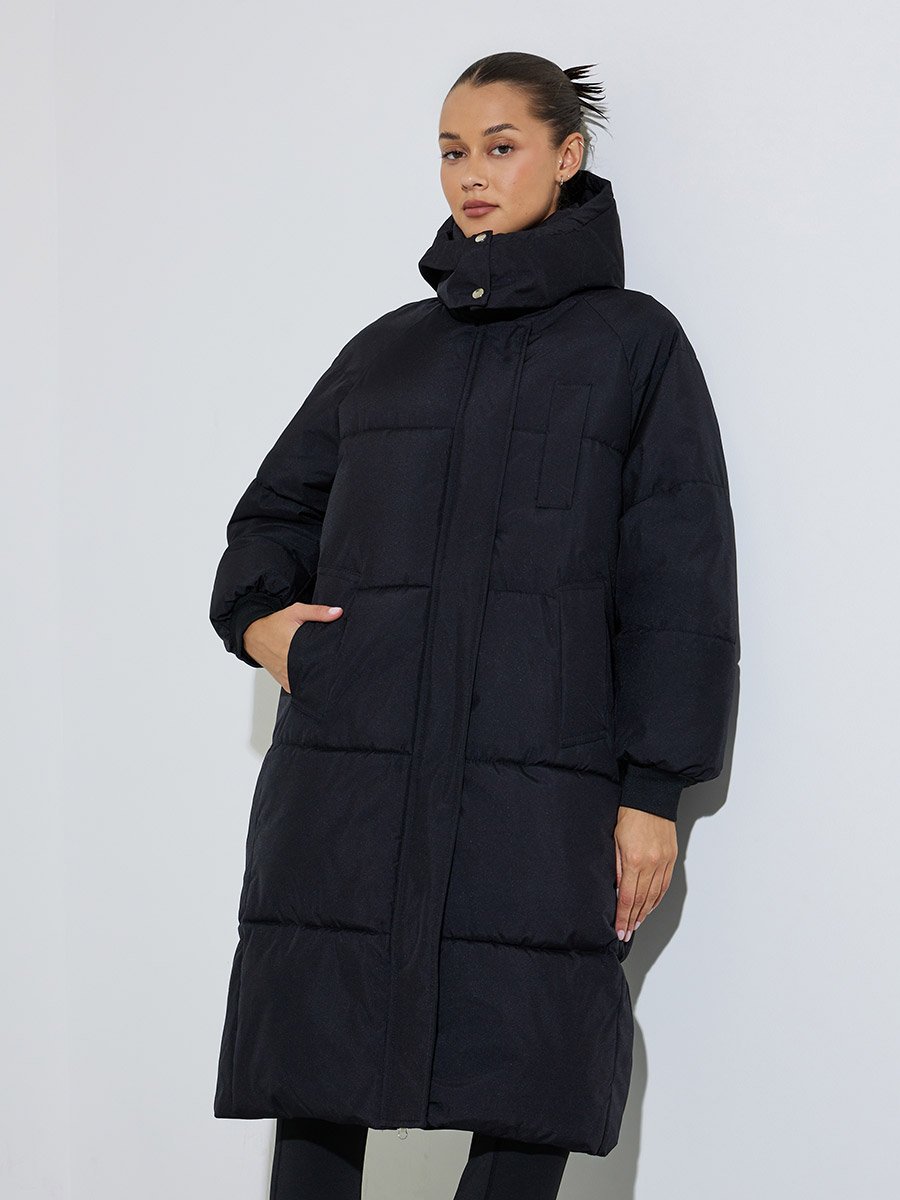 Black Knee-Length Padded Coat with Zip Closure