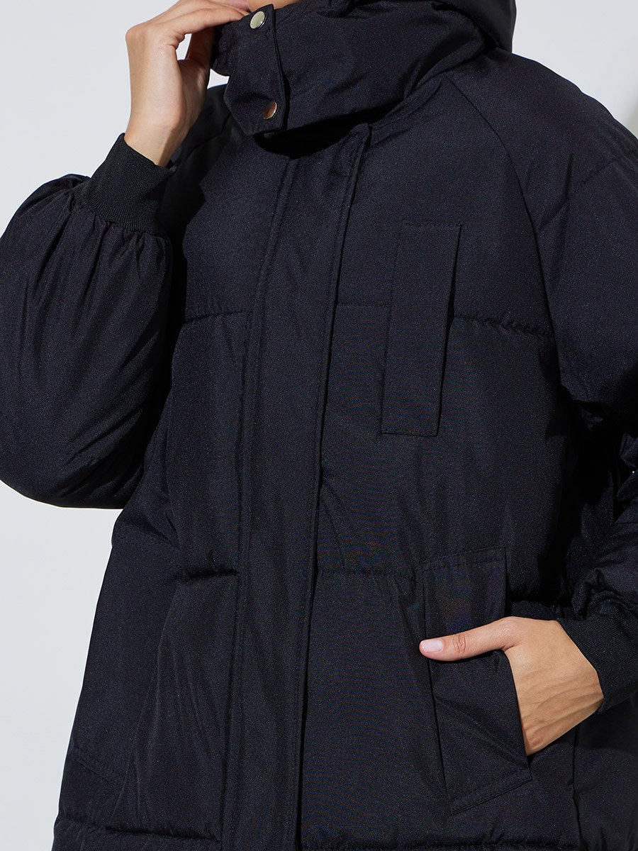 Black Knee-Length Padded Coat with Zip Closure