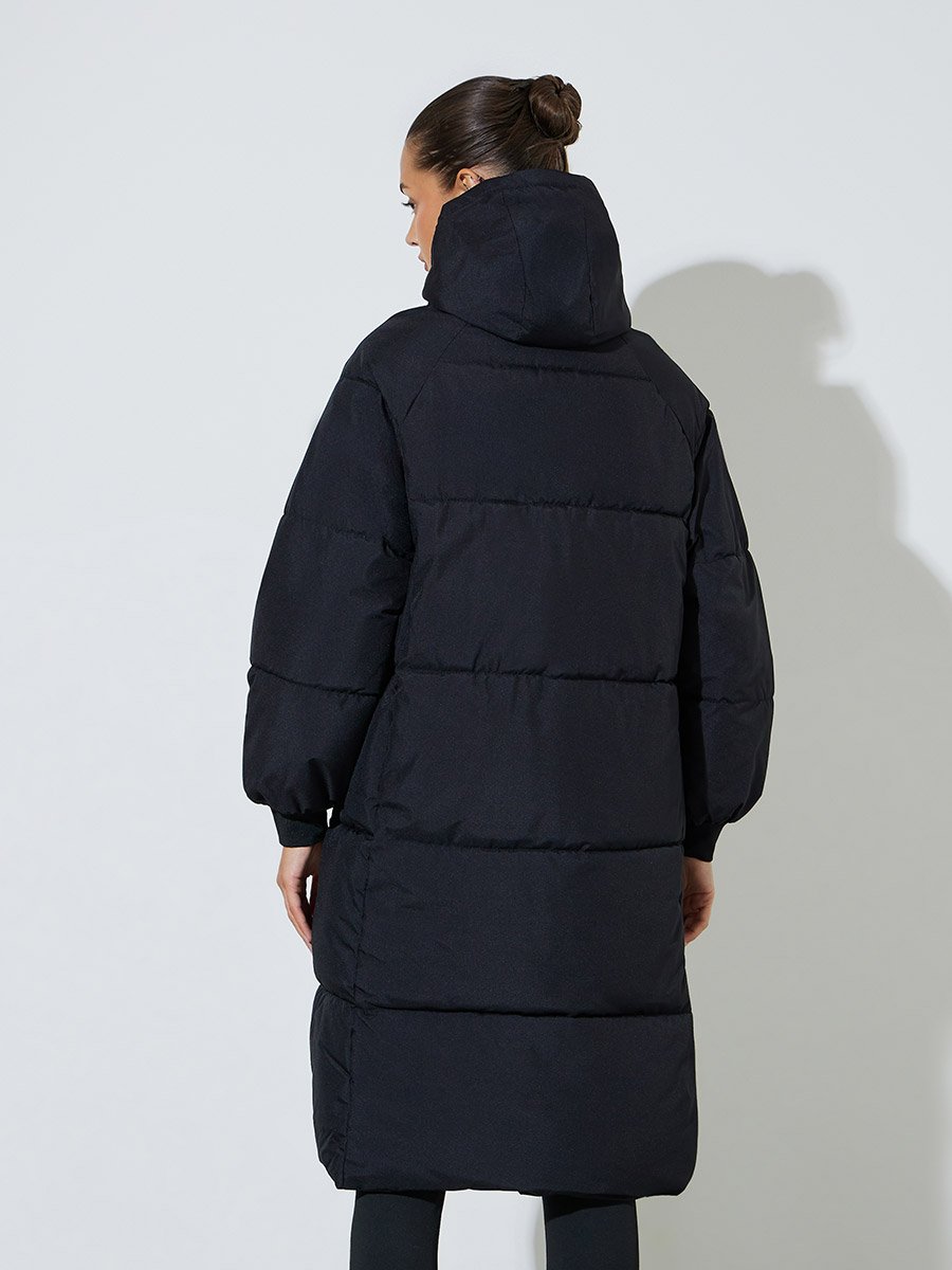 Black Knee-Length Padded Coat with Zip Closure