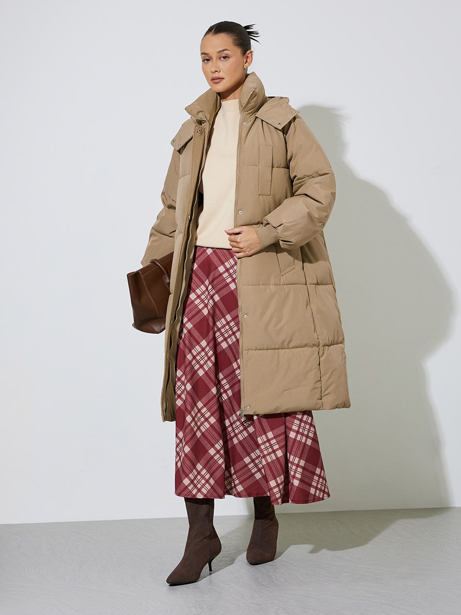 Beige Knee-Length Padded Coat with Zip Closure