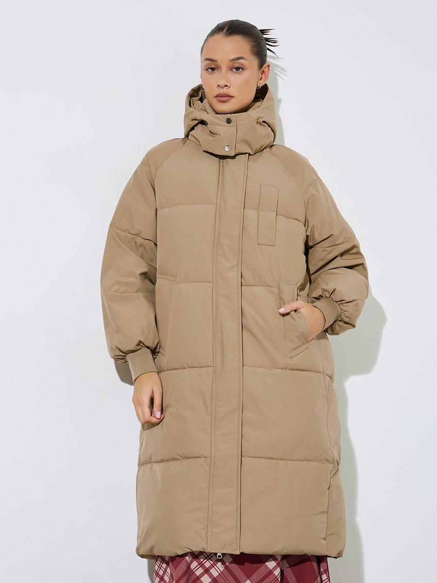 Beige Knee-Length Padded Coat with Zip Closure