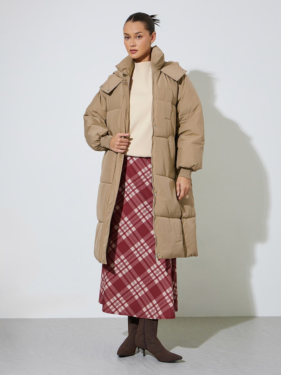 Beige Knee-Length Padded Coat with Zip Closure