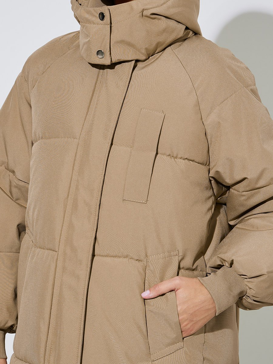 Beige Knee-Length Padded Coat with Zip Closure