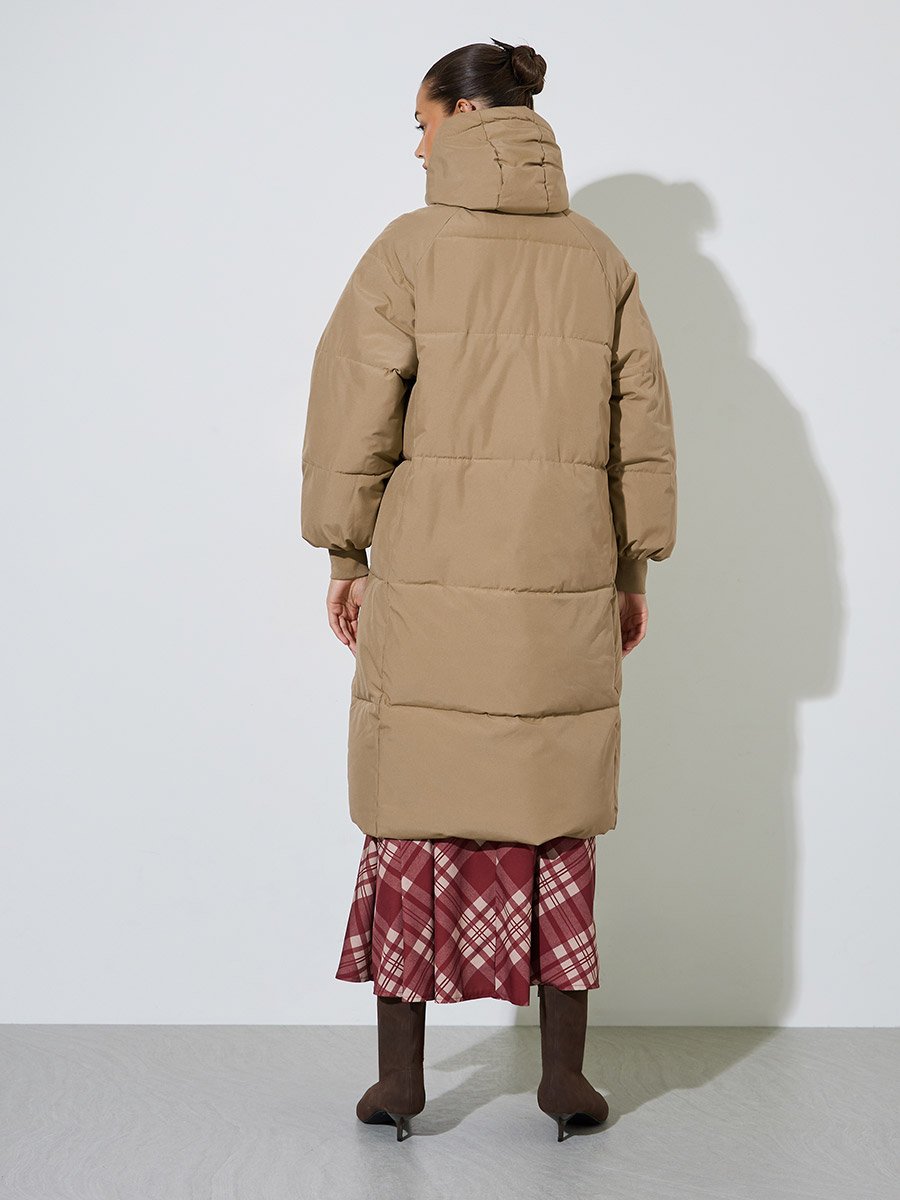 Beige Knee-Length Padded Coat with Zip Closure