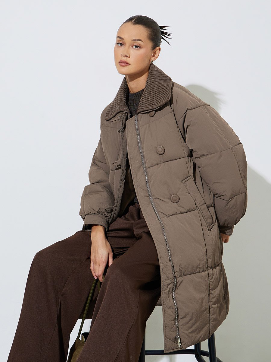 Brown Solid Zip Knee-Length Puffer Coat