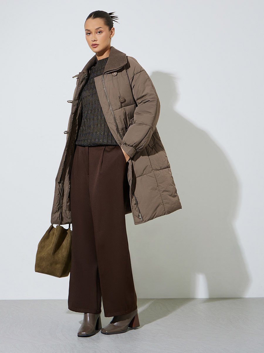 Brown Solid Zip Knee-Length Puffer Coat