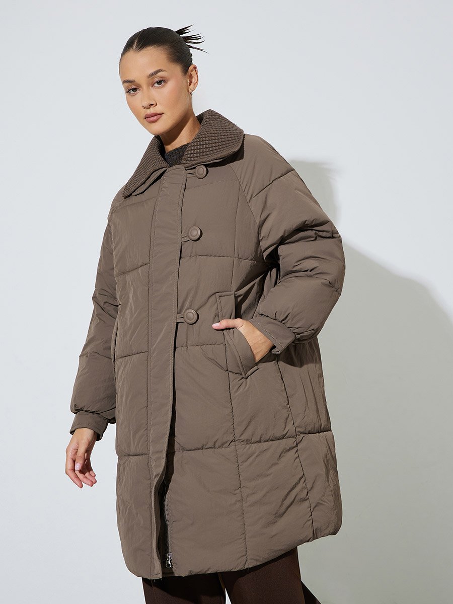 Brown Solid Zip Knee-Length Puffer Coat