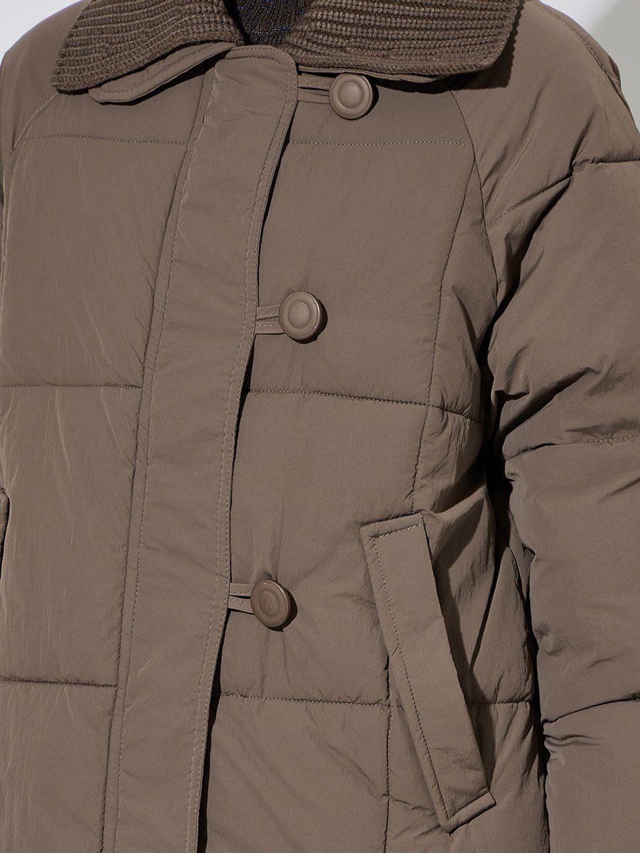 Brown Solid Zip Knee-Length Puffer Coat