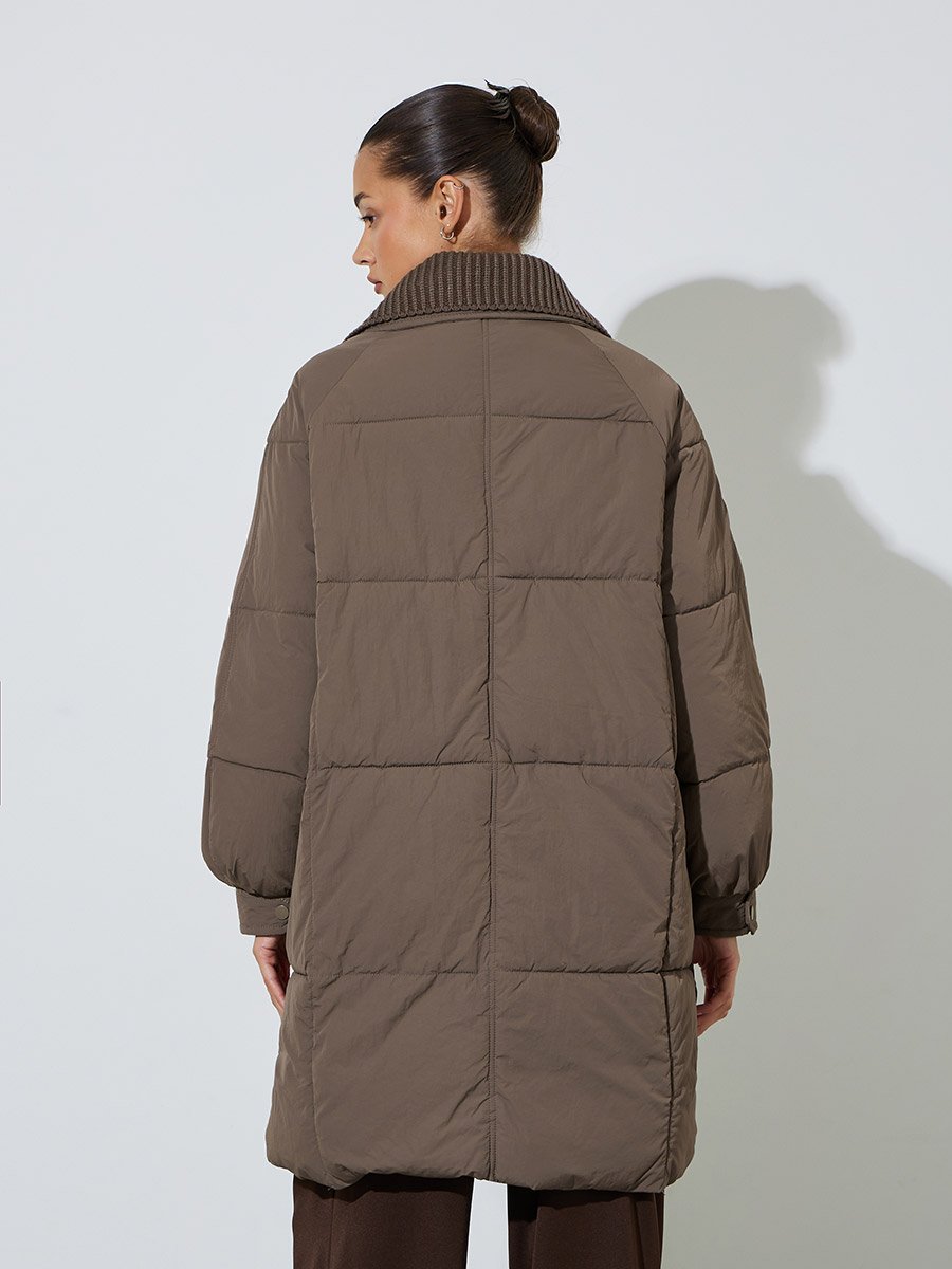 Brown Solid Zip Knee-Length Puffer Coat
