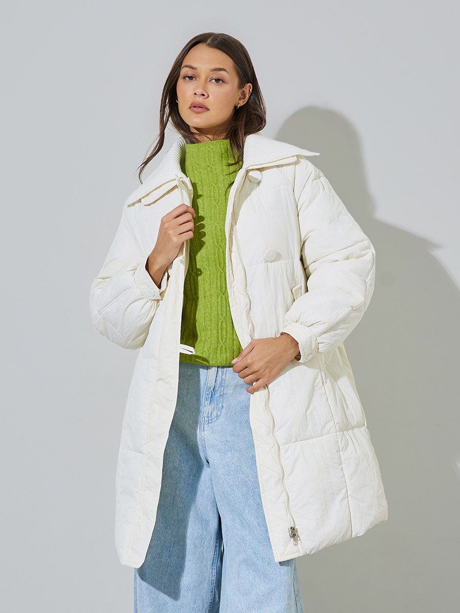 White Solid Zip Knee-Length Puffer Coat