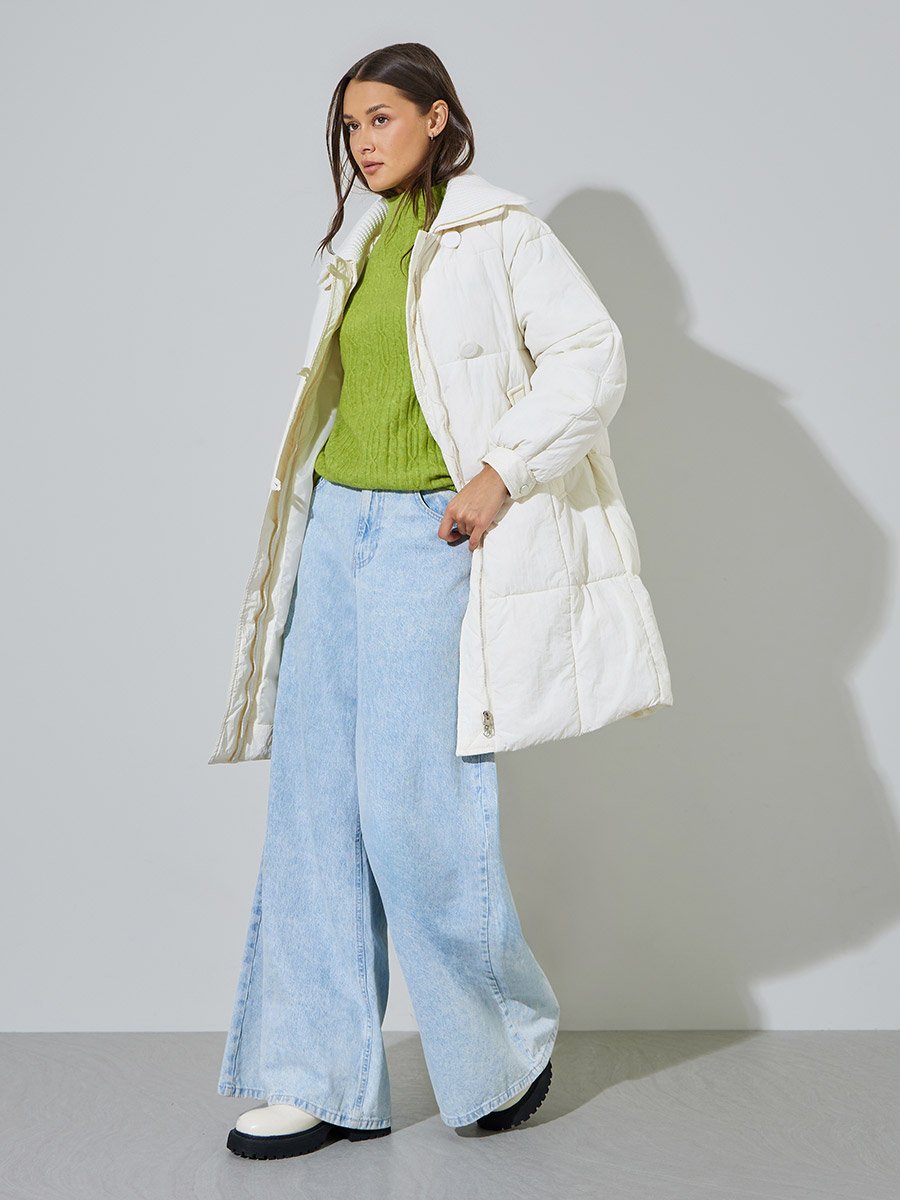 White Solid Zip Knee-Length Puffer Coat
