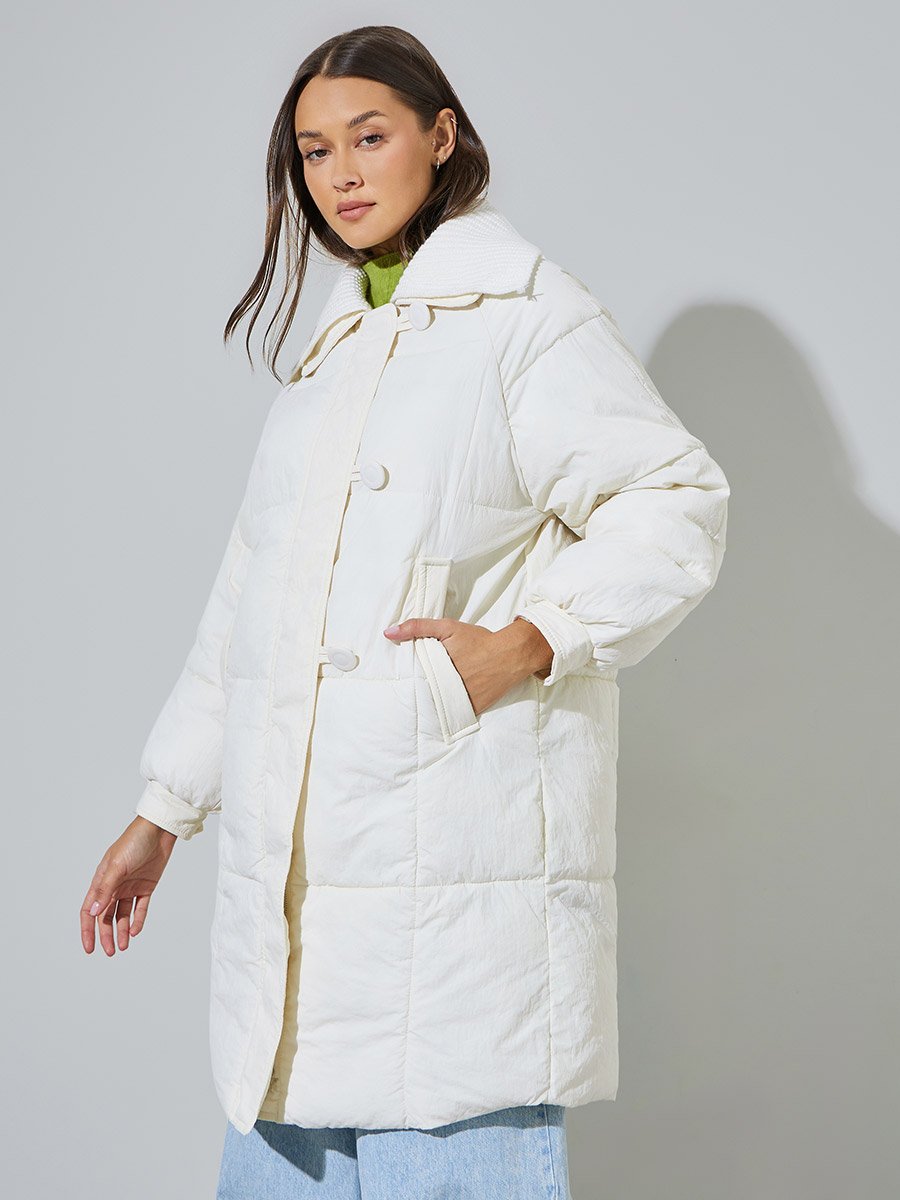 White Solid Zip Knee-Length Puffer Coat