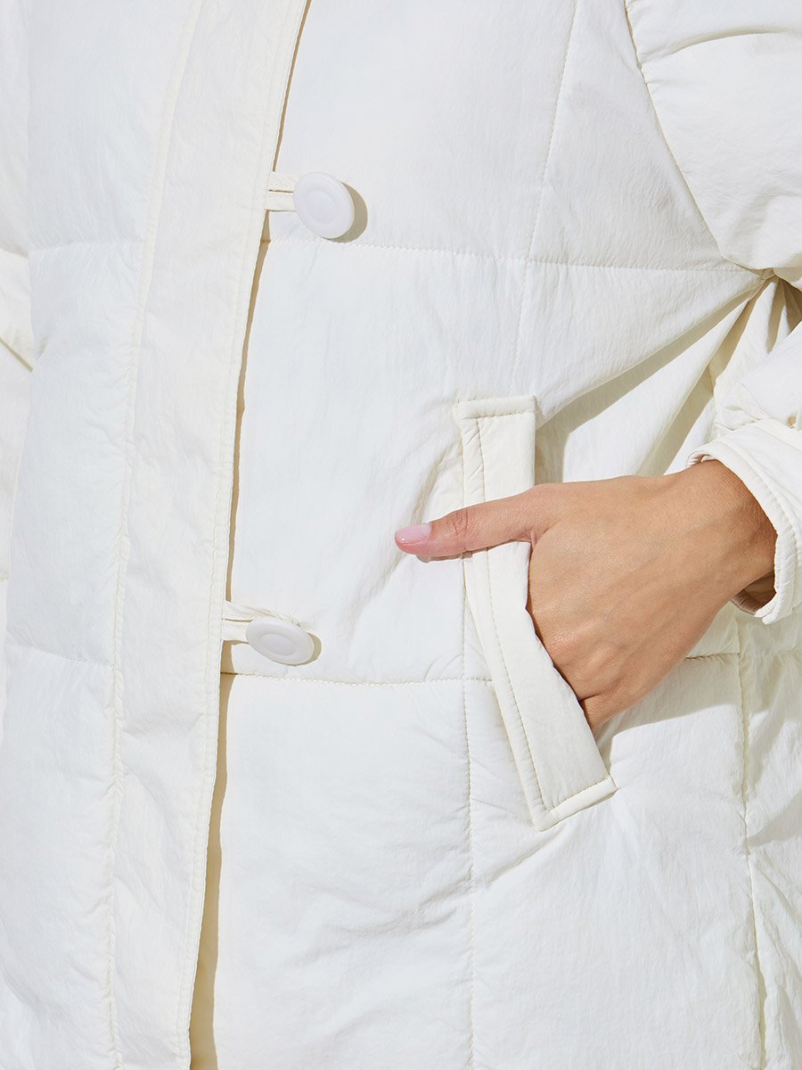 White Solid Zip Knee-Length Puffer Coat