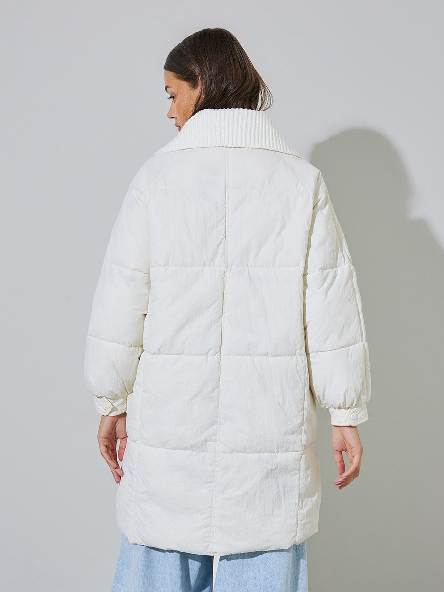 White Solid Zip Knee-Length Puffer Coat