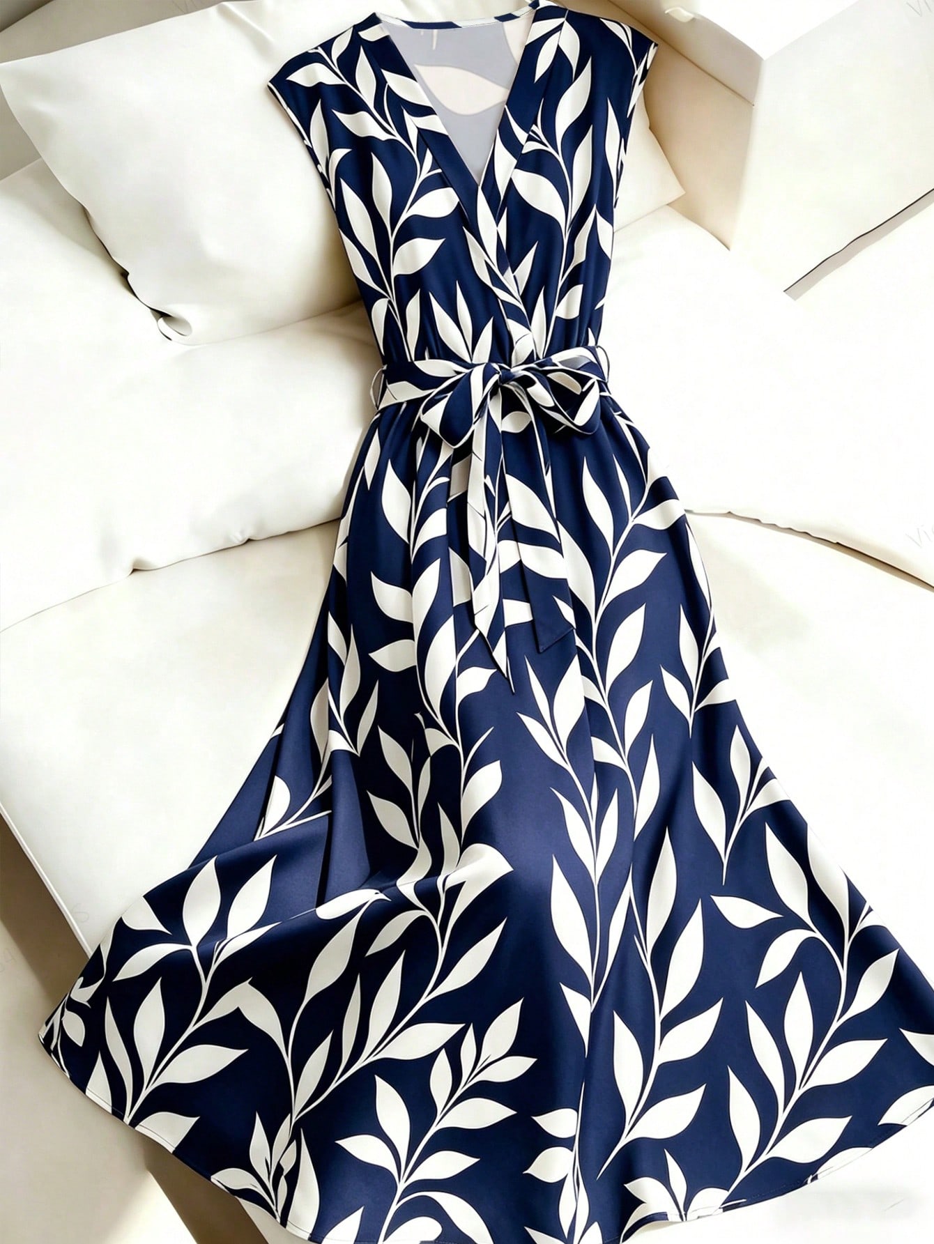 Sleeveless Midi A-Line Dress with Leaf Print