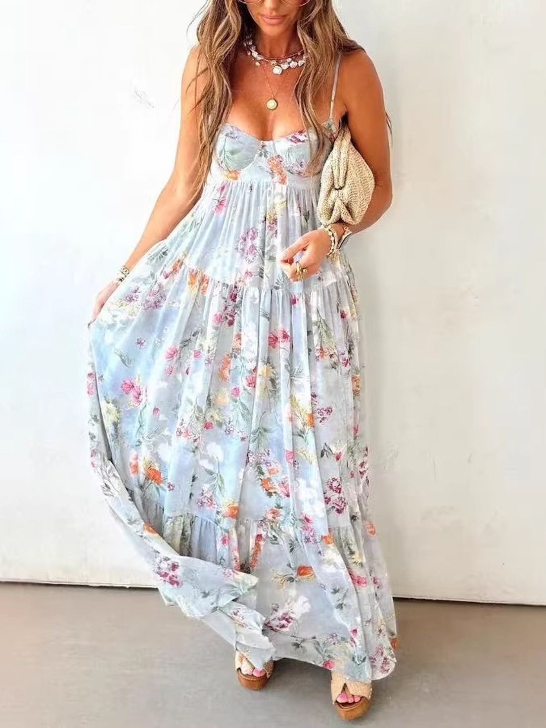 Blue Floral Tiered Maxi Dress