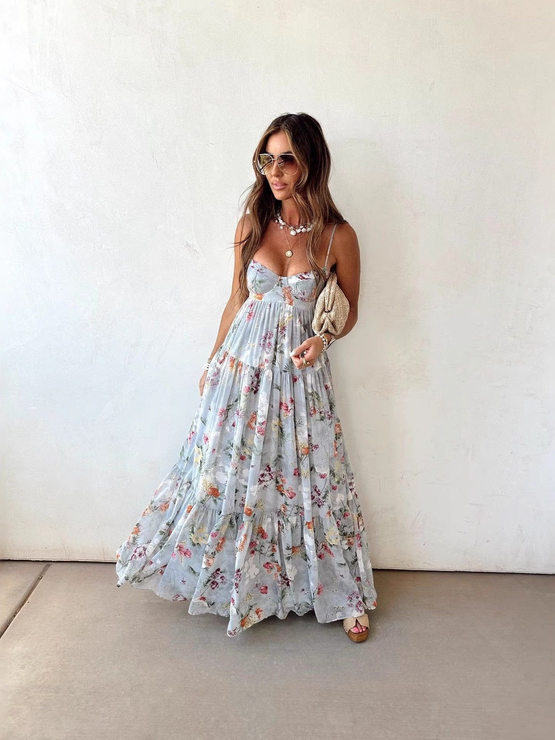 Blue Floral Tiered Maxi Dress