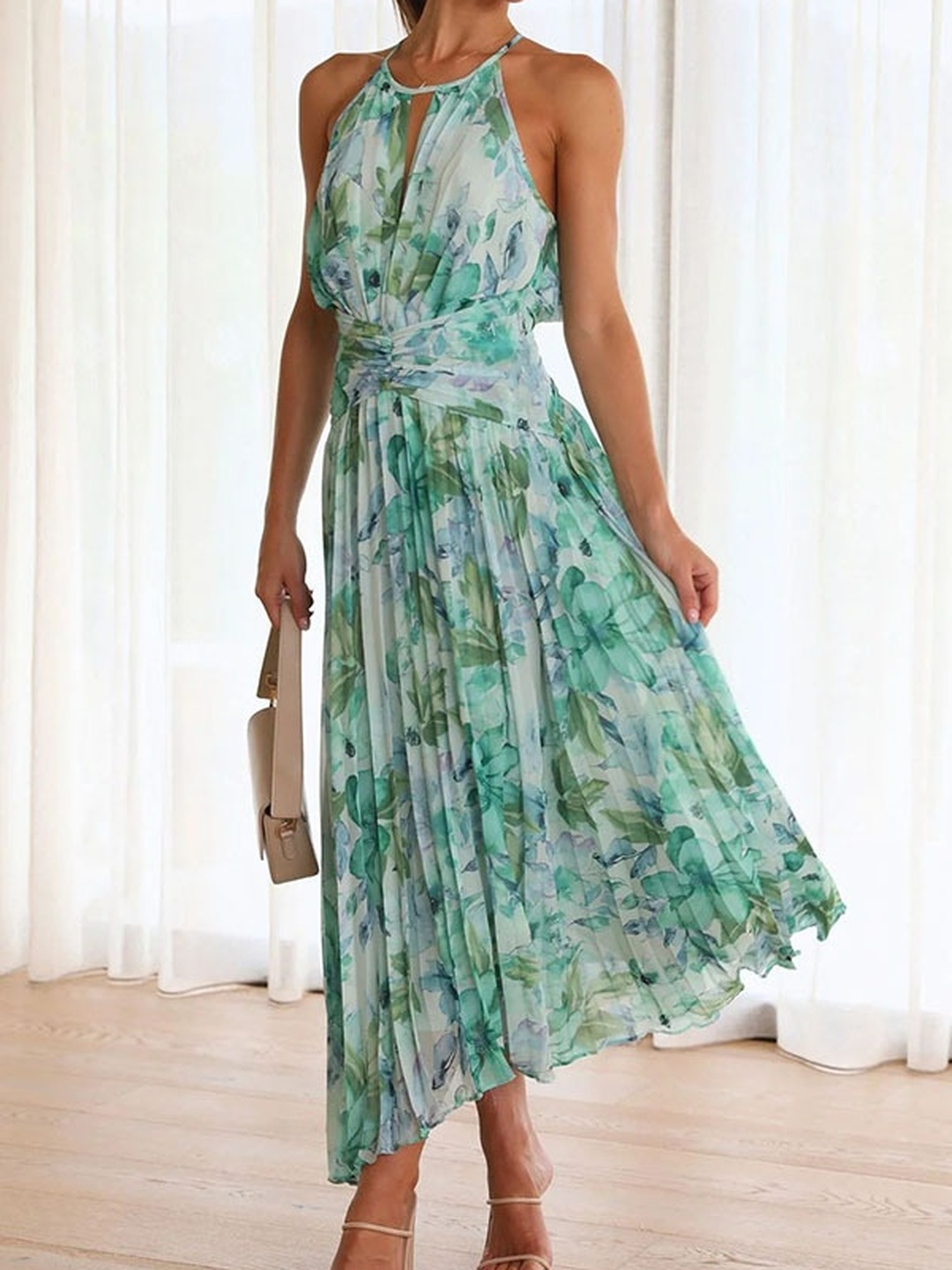 Green Floral Halter Neck Pleated Midi Dress