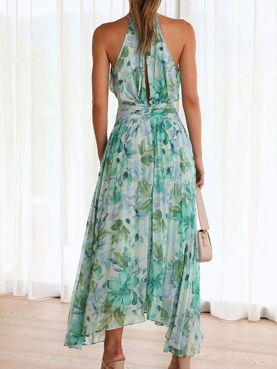 Green Floral Halter Neck Pleated Midi Dress