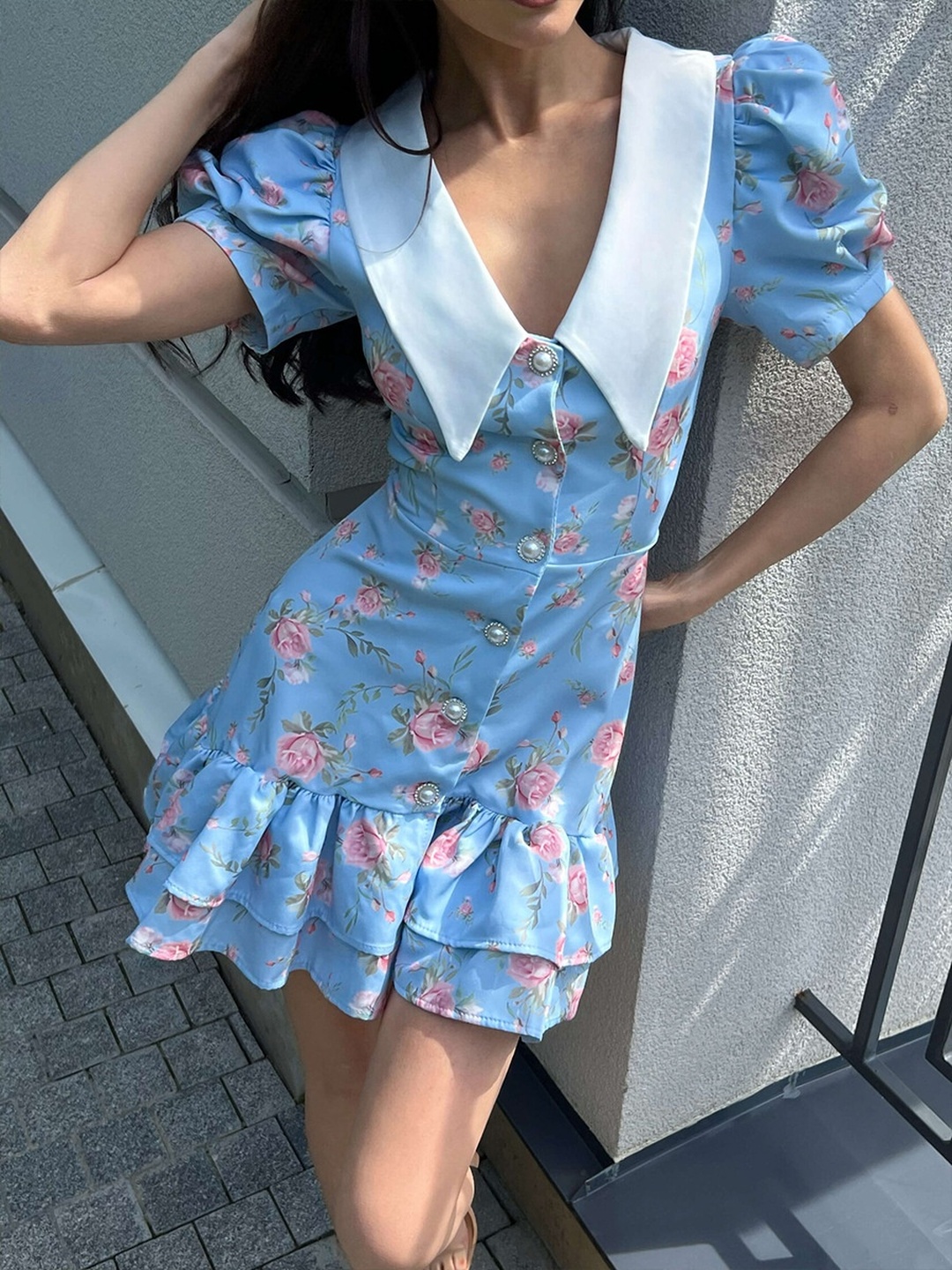 Blue Floral Mini Dress with Puff Sleeve