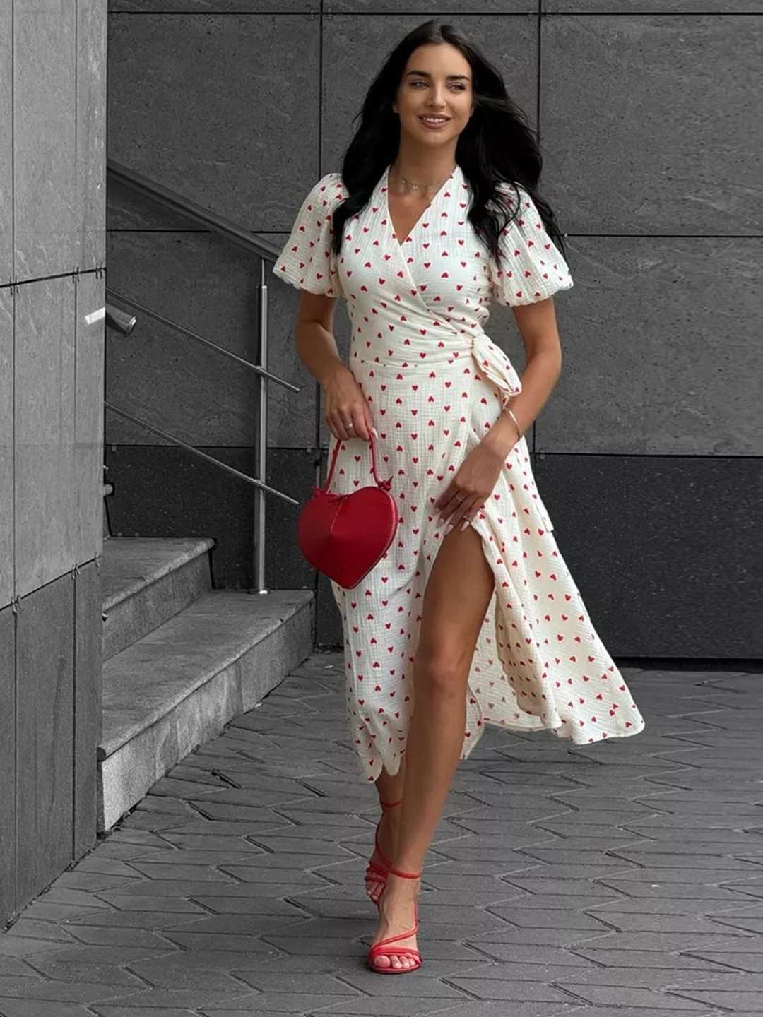 Red Heart Print Wrap Midi Dress with Short Sleeves