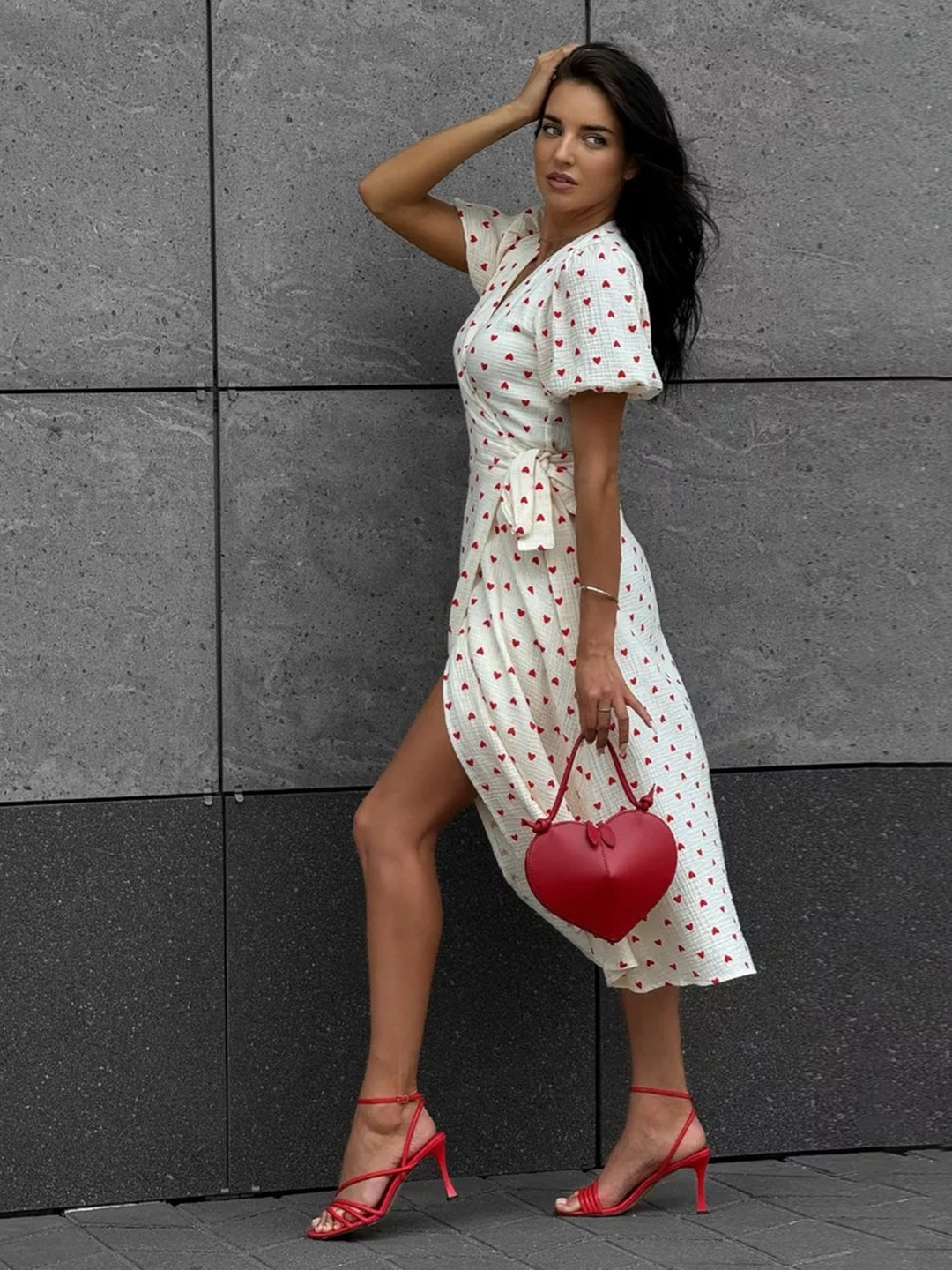 Red Heart Print Wrap Midi Dress with Short Sleeves
