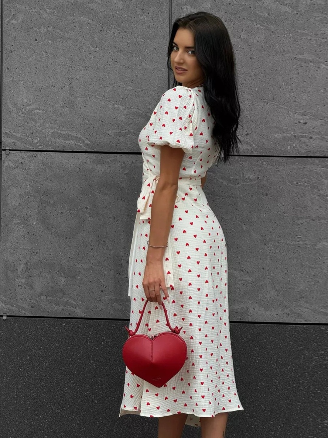 Red Heart Print Wrap Midi Dress with Short Sleeves