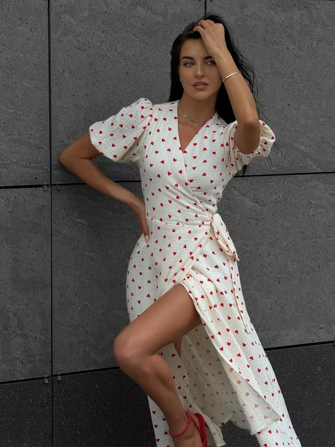 Red Heart Print Wrap Midi Dress with Short Sleeves