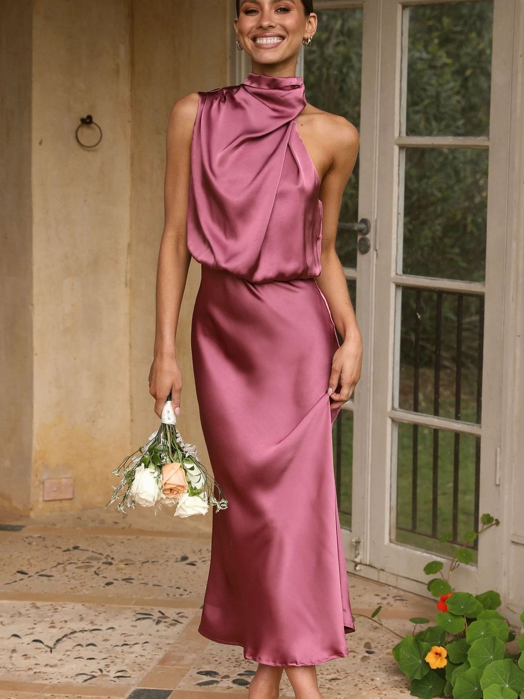 Pink Satin Sleeveless Midi Shift Dress - Evening Wear
