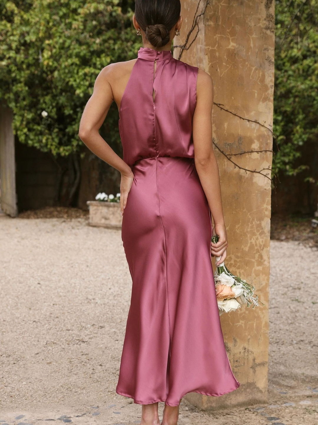 Pink Satin Sleeveless Midi Shift Dress - Evening Wear