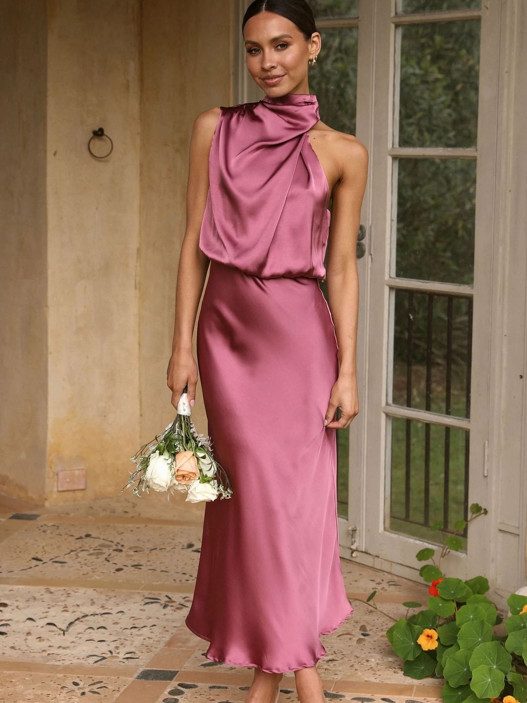 Pink Satin Sleeveless Midi Shift Dress - Evening Wear