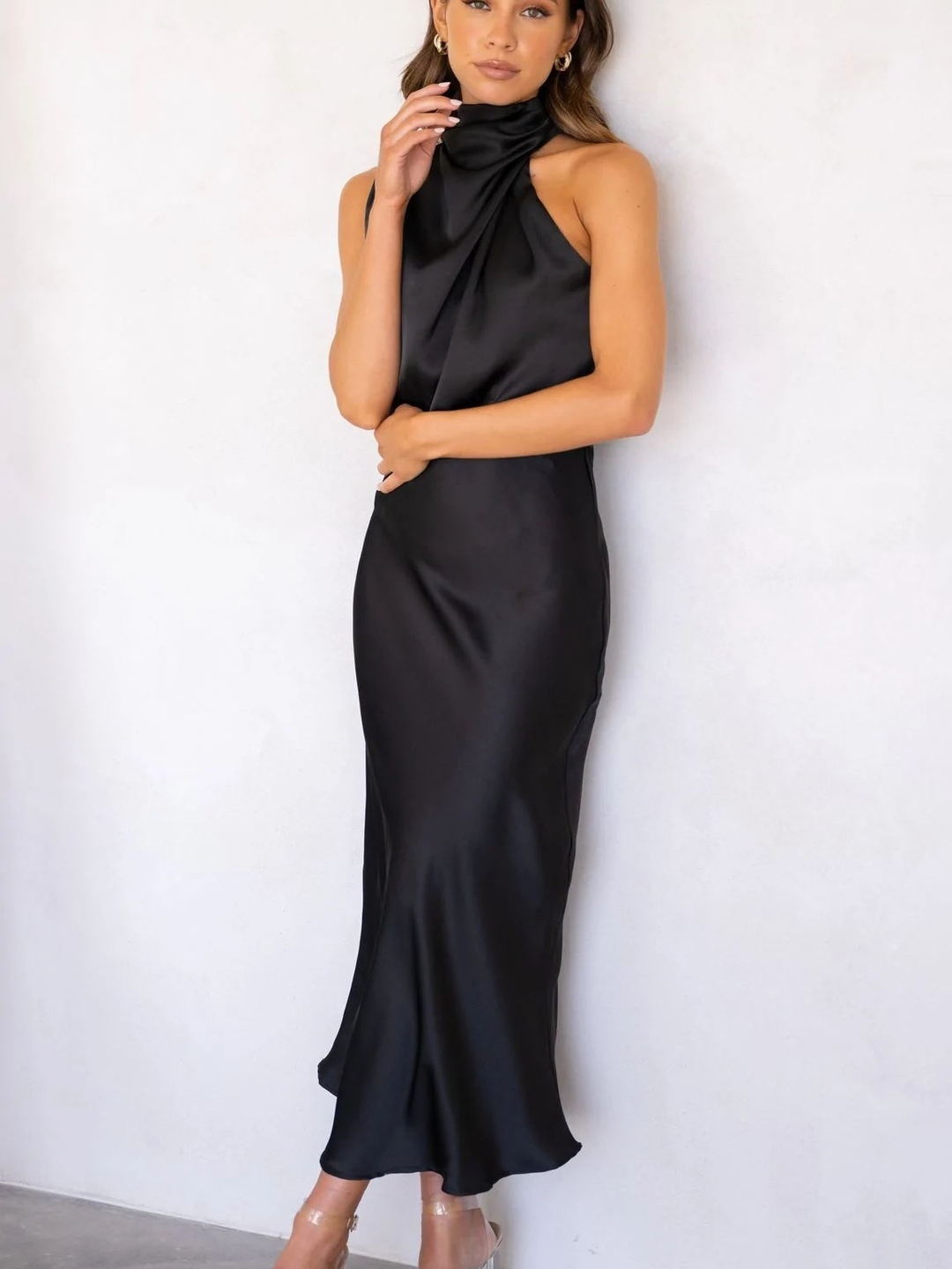 Black Satin Halter Neck Midi Dress - Sleeveless Evening Shift Style