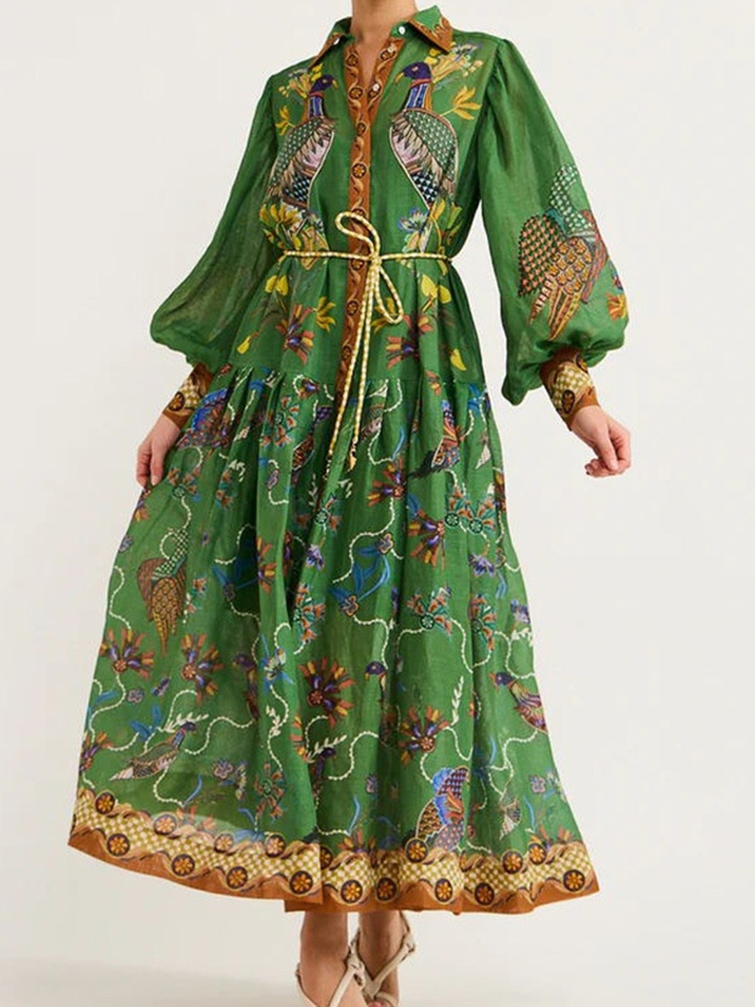 Green Floral A-Line Maxi Dress with Long Sleeves
