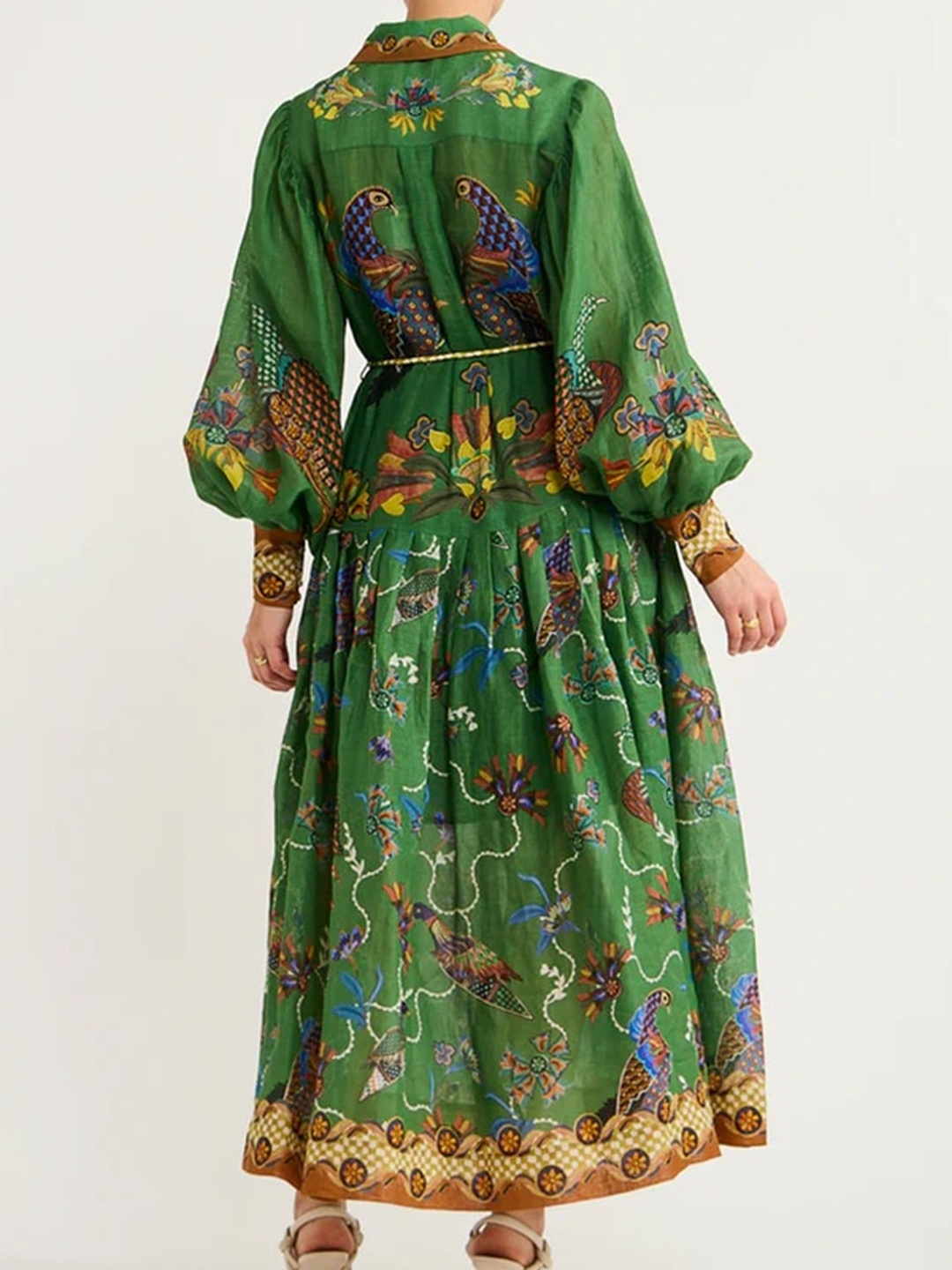 Green Floral A-Line Maxi Dress with Long Sleeves