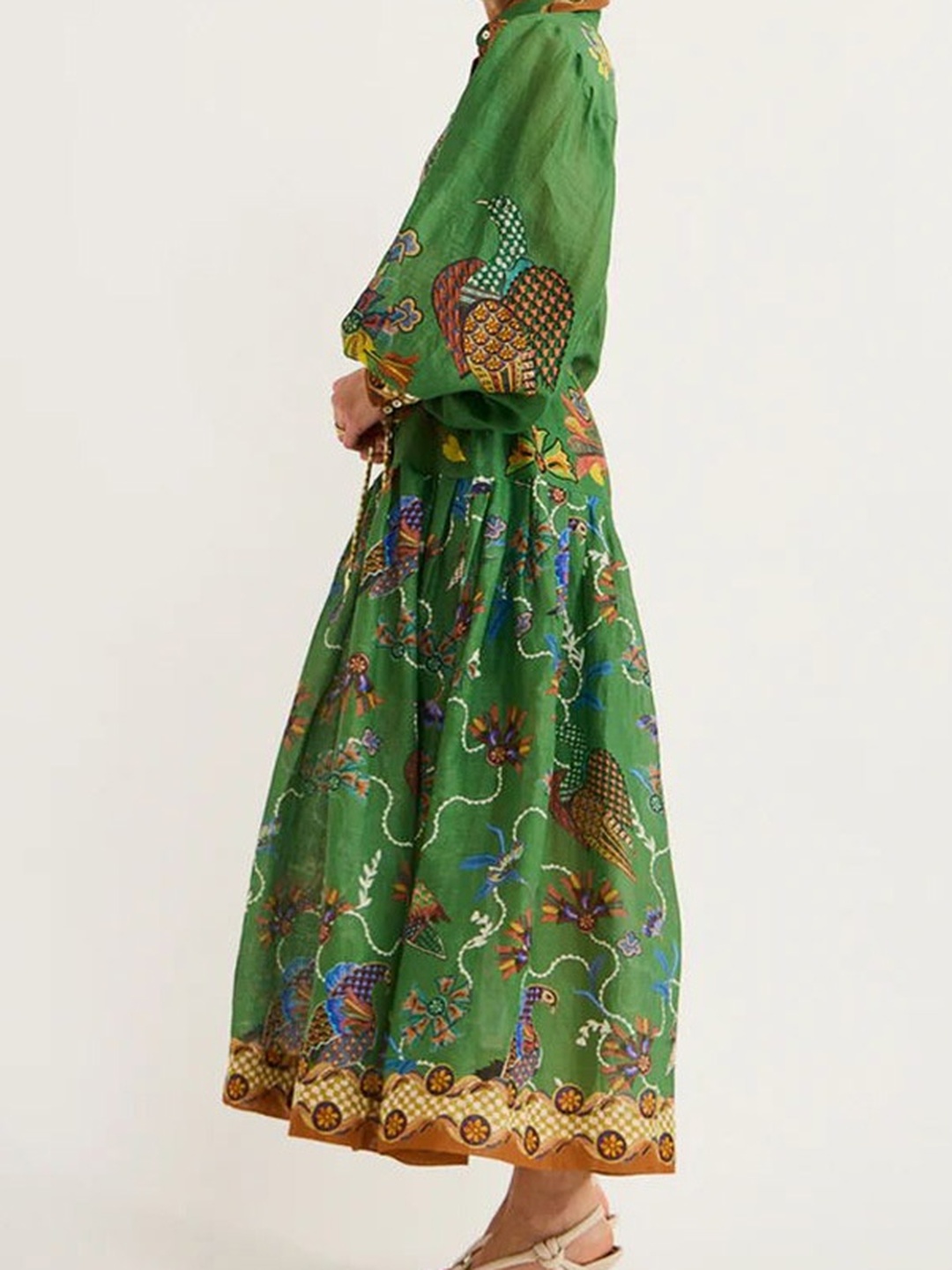 Green Floral A-Line Maxi Dress with Long Sleeves