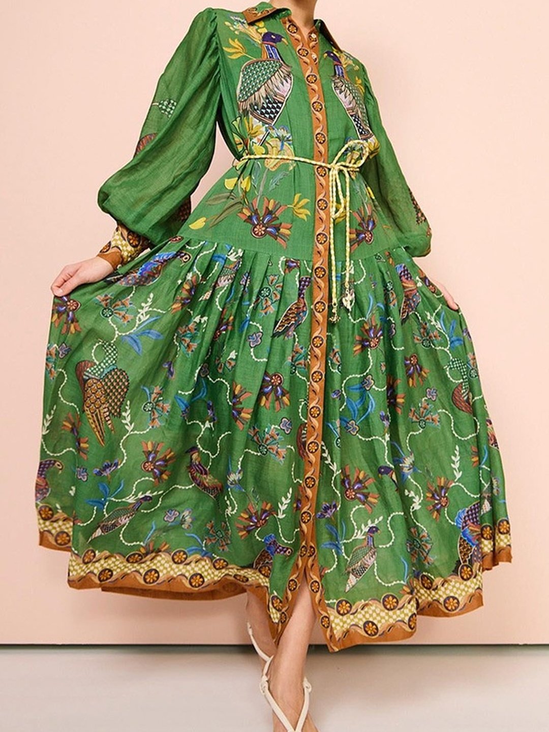 Green Floral A-Line Maxi Dress with Long Sleeves
