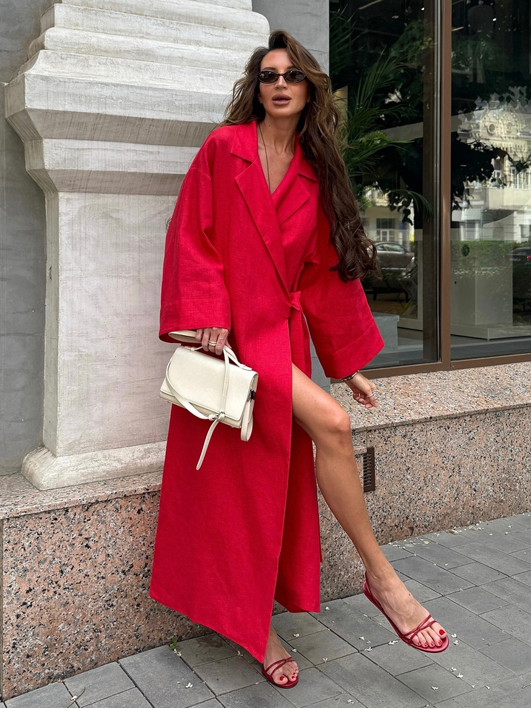 Red Notch Lapel Wrap Maxi Dress with Long Sleeves